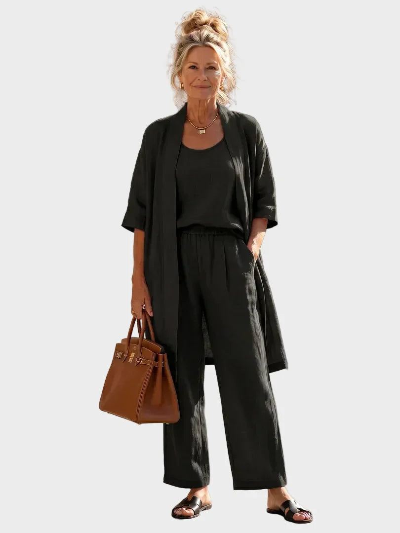 Women's Relaxed Fit Three-Piece Linen Set - Black