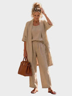 Women's Relaxed Fit Three-Piece Linen Set - Khaki