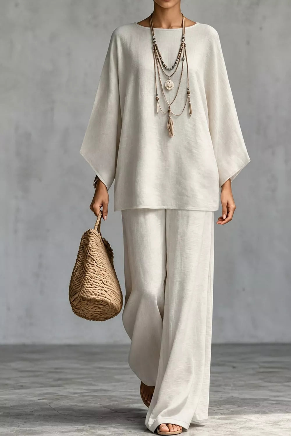 Women's Linen Boat Neck Top and Wide-Leg Pants Set