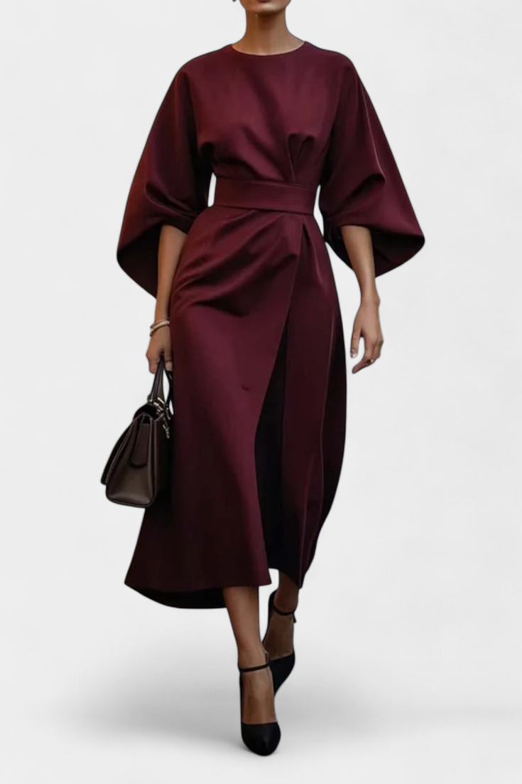 Women's Lantern Sleeve Fitted-Waist Dress - Wine Red