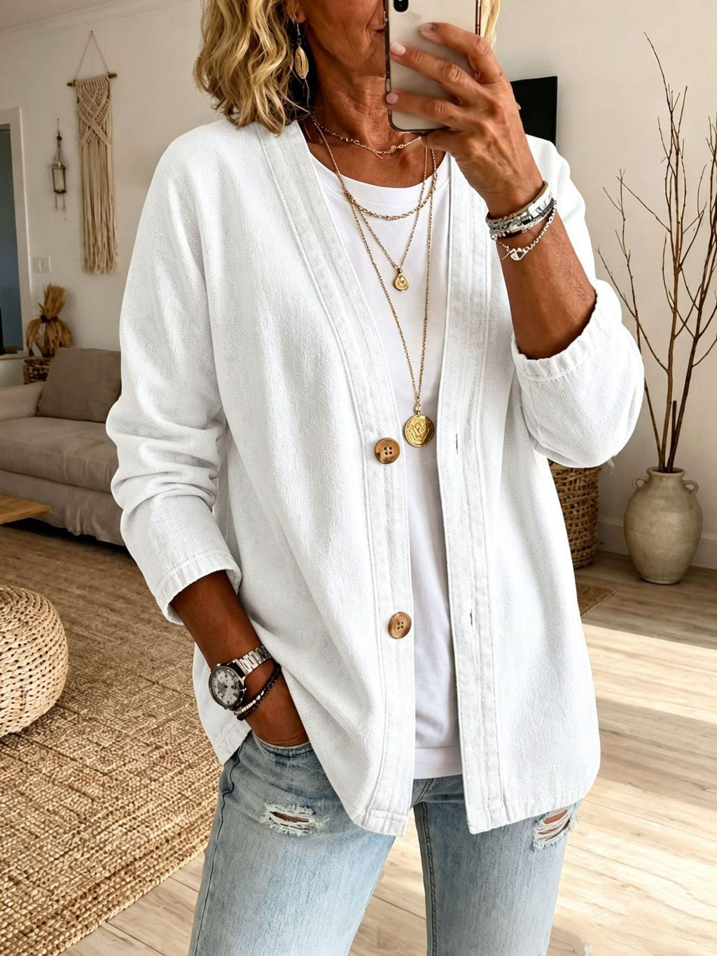 Women's Casual Denim Cardigan Jacket - White
