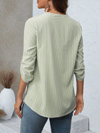 Women's Striped V-Neck Roll-Up Sleeve Blouse