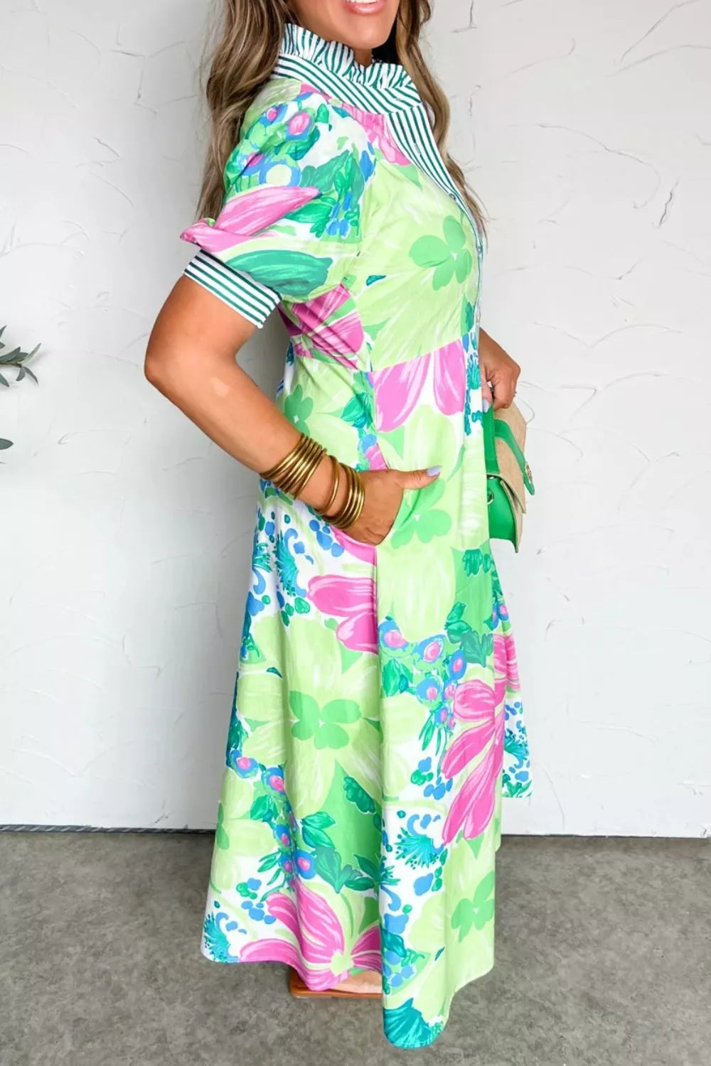Women's Floral Button-Front Midi Dress with Puff Sleeves