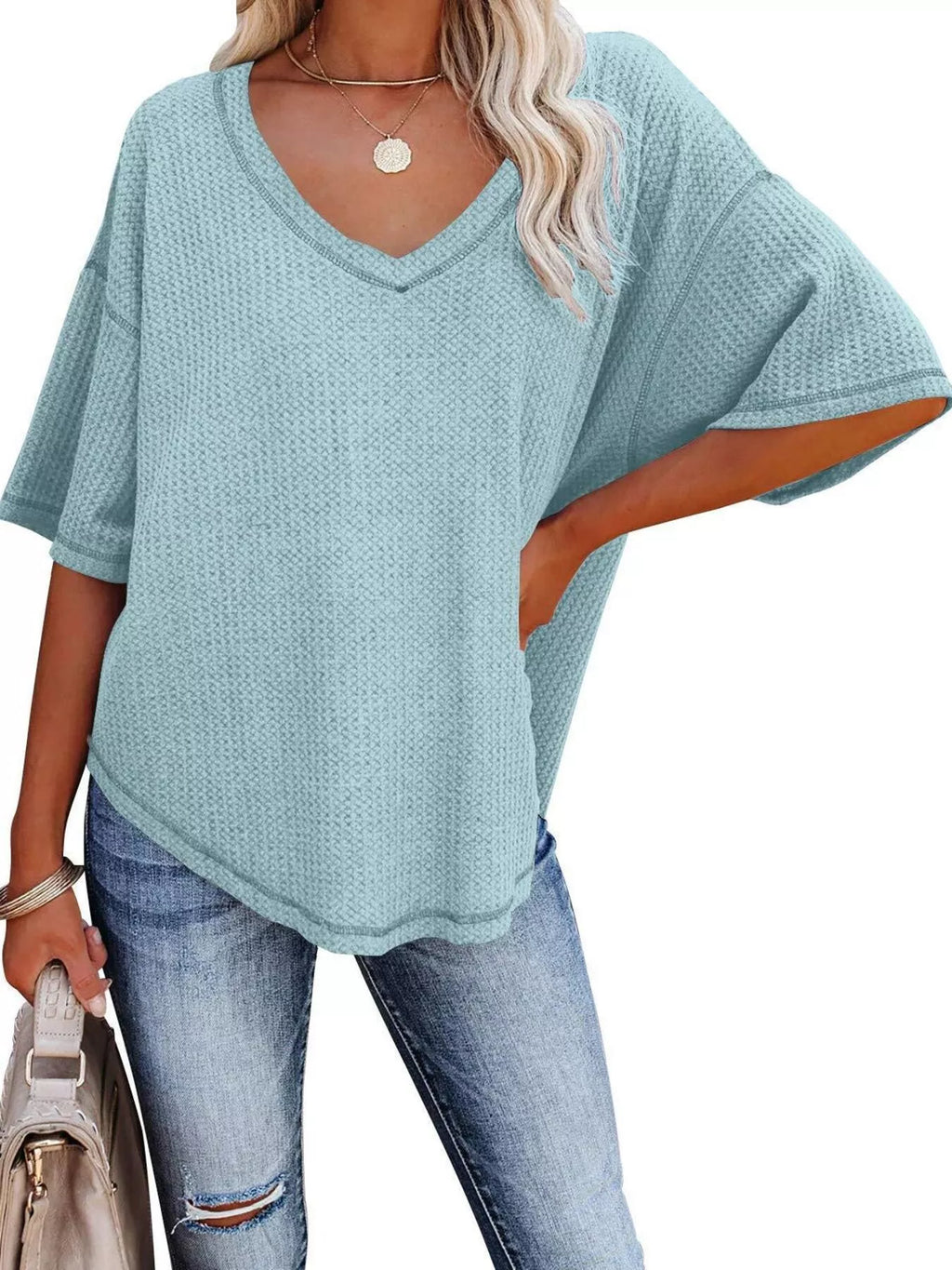 Women's Waffle Knit V-Neck Short Sleeve T-Shirt