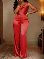 Women's Plus Size Cowl Neck Wide-Leg Jumpsuit - Red