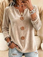 Women's Elegant Velvet V-Neck Top - Khaki