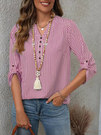 Women's Striped V-Neck Roll-Up Sleeve Blouse