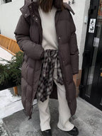 Women's Long Belted Puffer Coat - Dark Brown