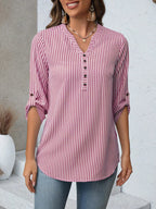 Women's Striped V-Neck Roll-Up Sleeve Blouse