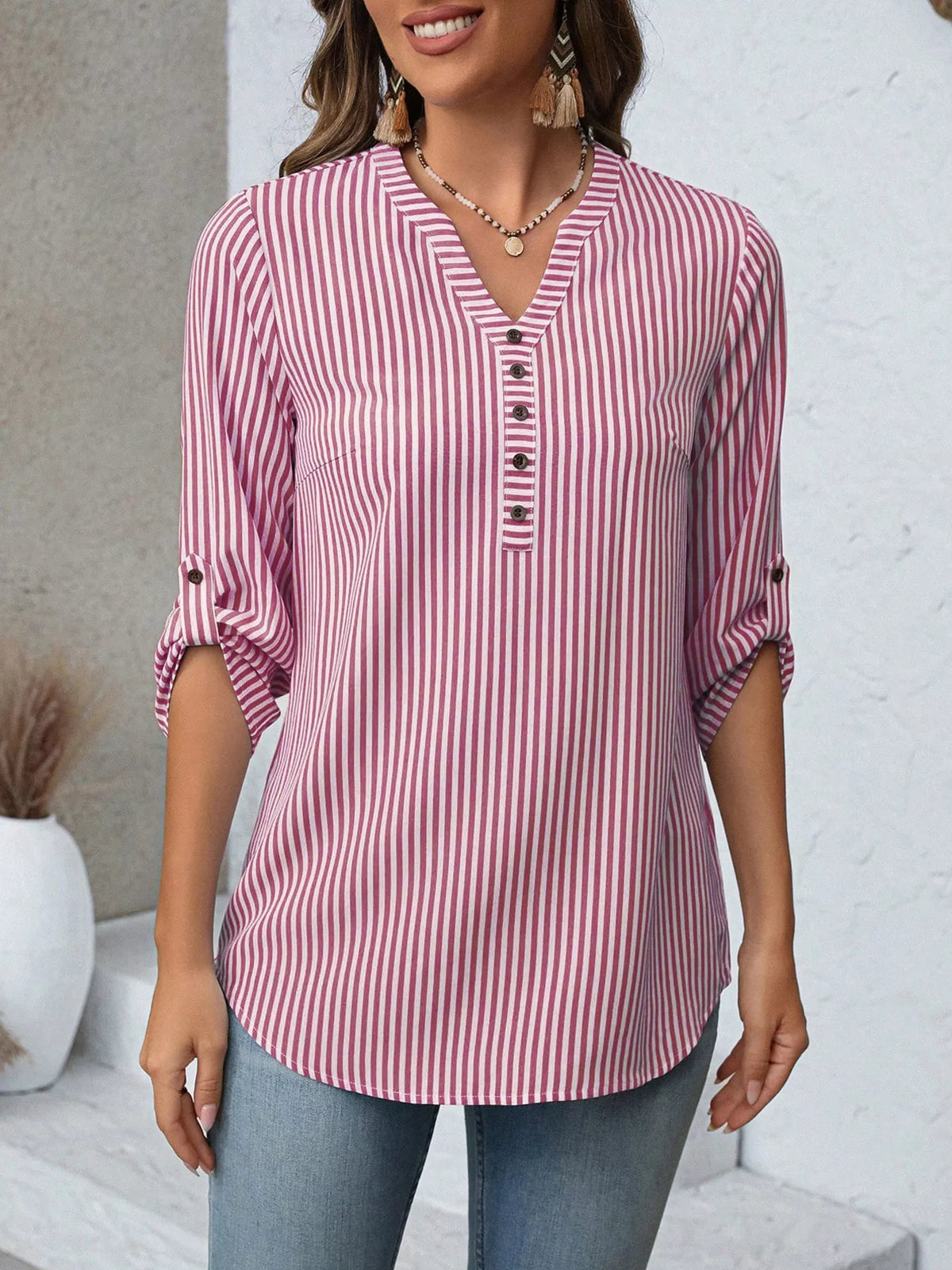 Women's Striped V-Neck Roll-Up Sleeve Blouse