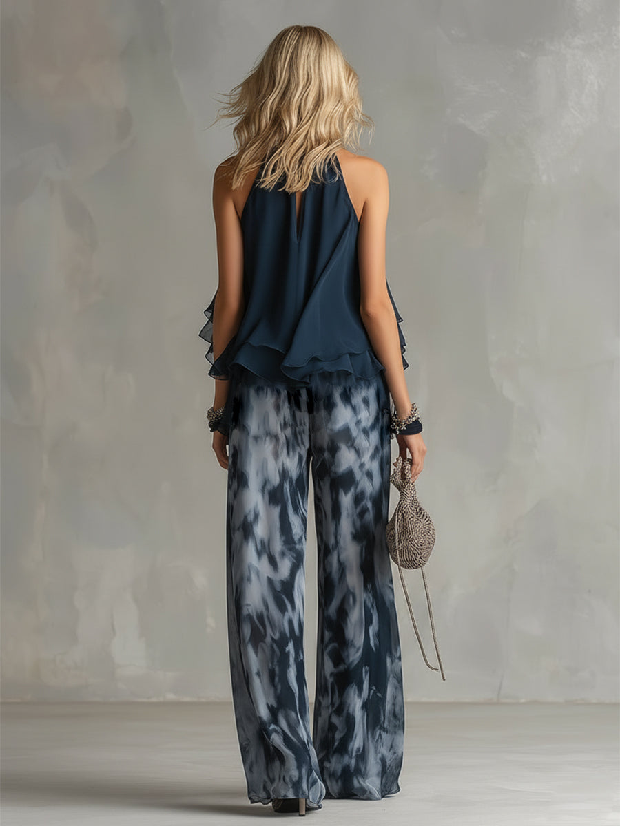 Women's Two-Piece Wedding Guest Set Ruffle Halter Top and Wide-Leg Pants