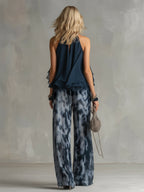 Women's Two-Piece Wedding Guest Set Ruffle Halter Top and Wide-Leg Pants