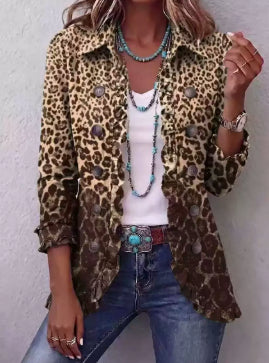 Women's Pleated Ruffle Office Blazer - Yellow Leopard Print