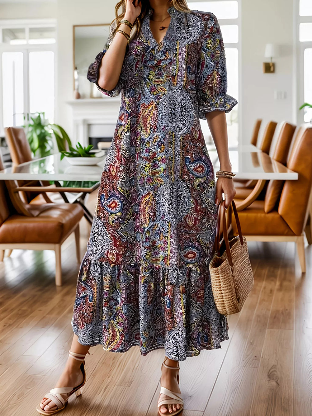 Women's Boho Paisley Midi Dress with Ruffle Hem - Red