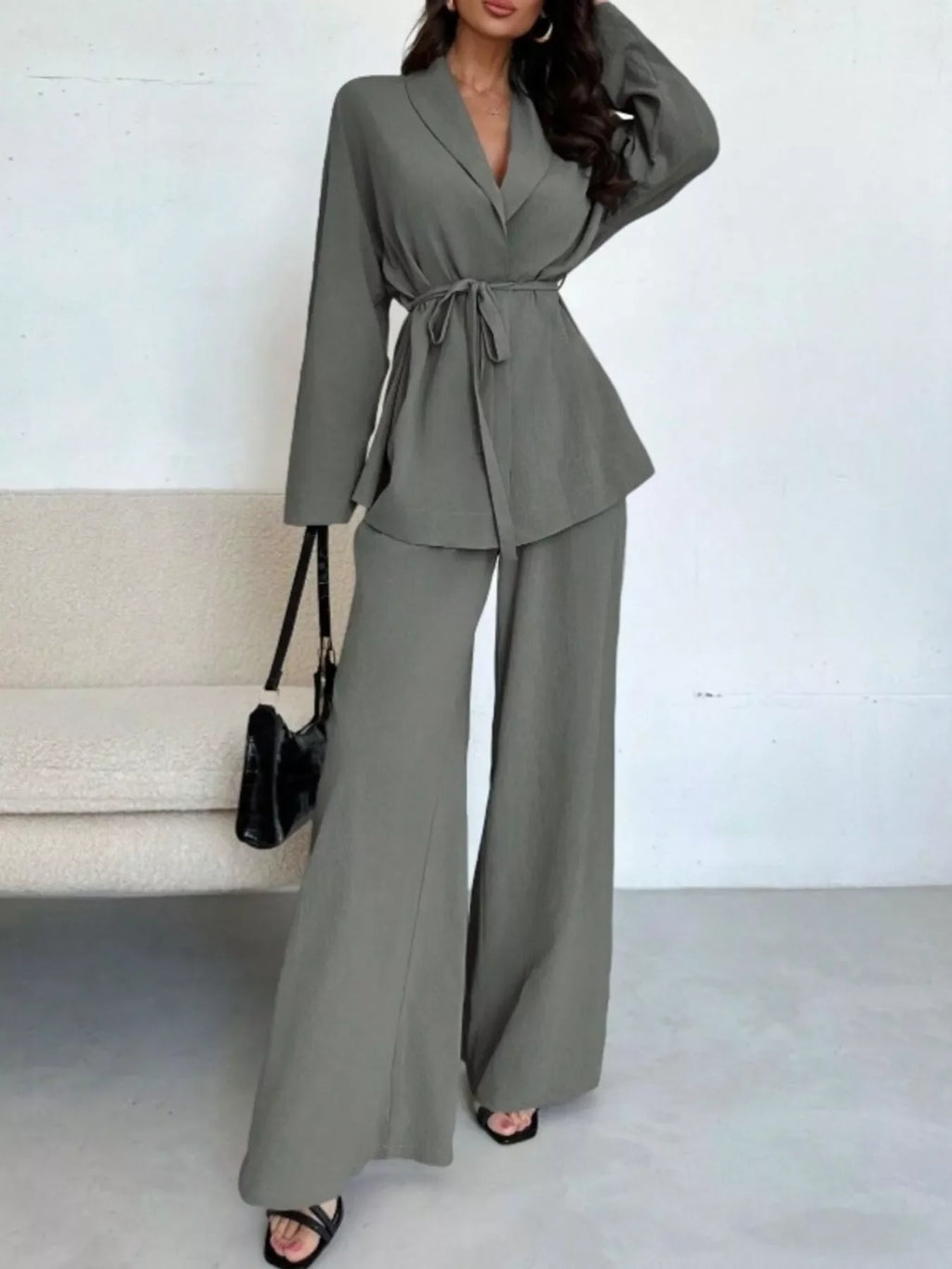 Women's Tie-Waist Top and Textured Wide-Leg Pants Set