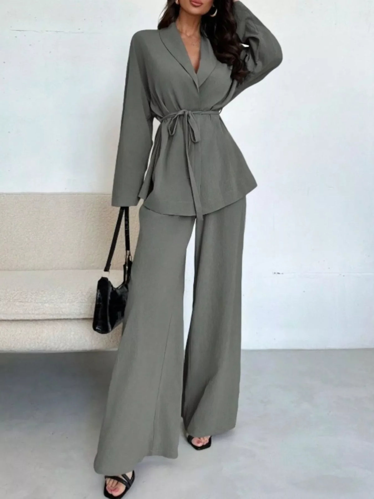 Women's Tie-Waist Top and Textured Wide-Leg Pants Set