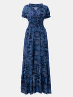 Women's Plus Size Short Sleeve V-Neck Printed Dress with Ruched Detail
