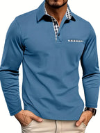 Men's Long Sleeve Cotton Polo Shirt - Blue