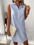 Women's Sleeveless Striped Shirt Dress with Button Detail - Blue