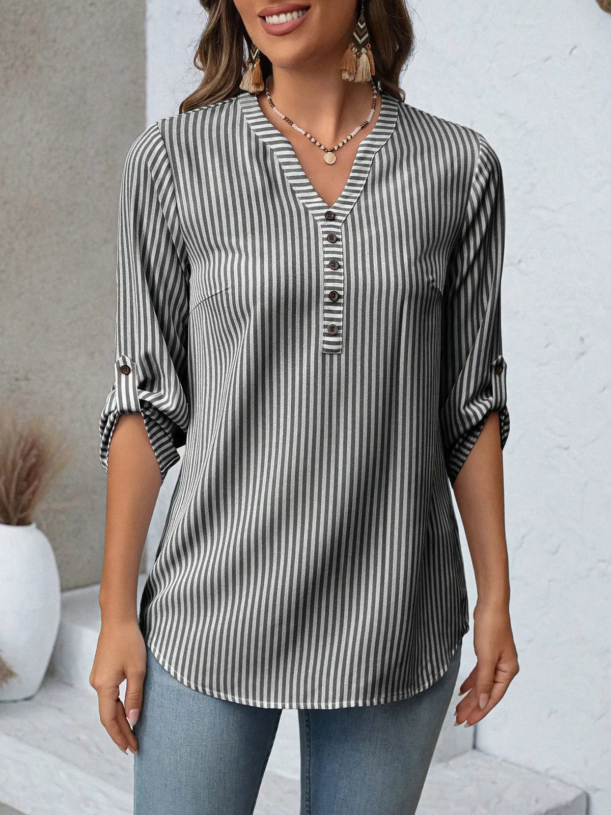 Women's Striped V-Neck Roll-Up Sleeve Blouse