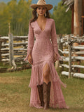Women's White Boho Lace Fringe Maxi Dress V-Neck Fall Wedding Guest - Pink