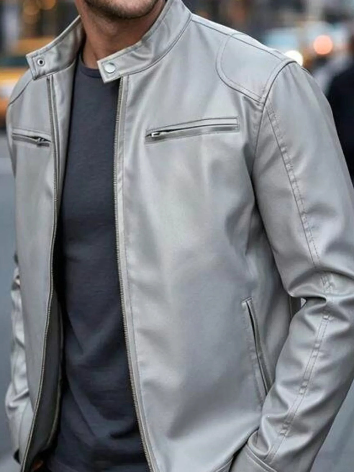 Men's Zip-Up Biker Jacket Big and Tall - Light Gray