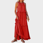 Women's Sleeveless Ruffle Trim Dress - Red