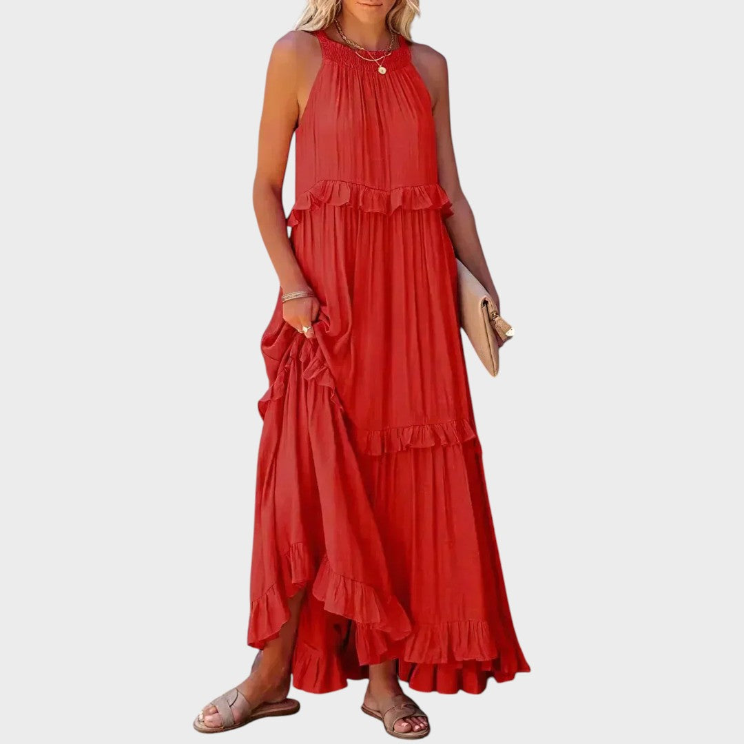 Women's Sleeveless Ruffle Trim Dress - Red