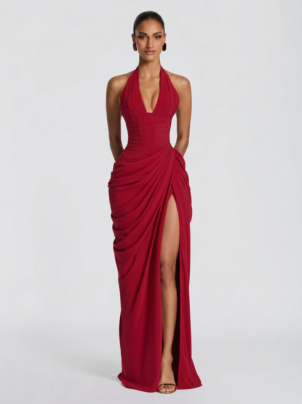 Women's Halter Neck Wedding Guest and Party Maxi Dress with Side Slit - Red