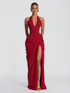 Women's Halter Neck Wedding Guest and Party Maxi Dress with Side Slit - Red