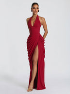 Women's Halter Neck Wedding Guest and Party Maxi Dress with Side Slit