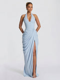 Women's Halter Neck Wedding Guest and Party Maxi Dress with Side Slit - Baby Blue