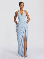 Women's Halter Neck Wedding Guest and Party Maxi Dress with Side Slit - Baby Blue