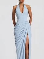 Women's Halter Neck Wedding Guest and Party Maxi Dress with Side Slit
