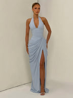 Women's Halter Neck Wedding Guest and Party Maxi Dress with Side Slit