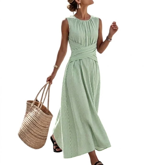 Women's Striped Wrap-Waist Dress - Green