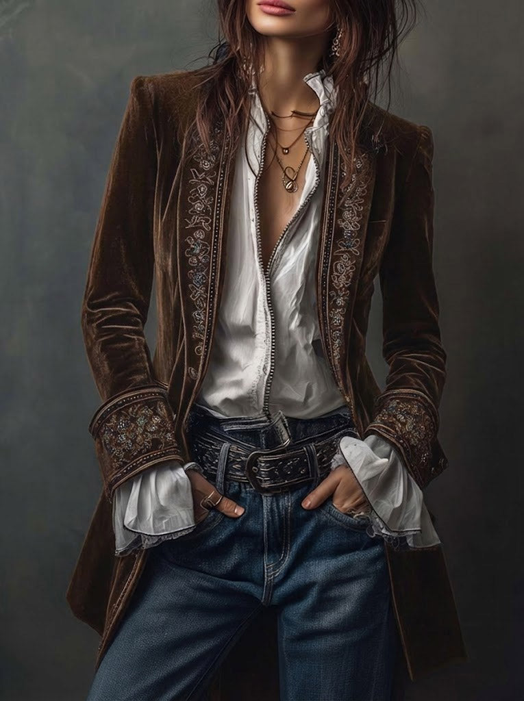 Women's Elegant Vintage Long Jacket - Camel