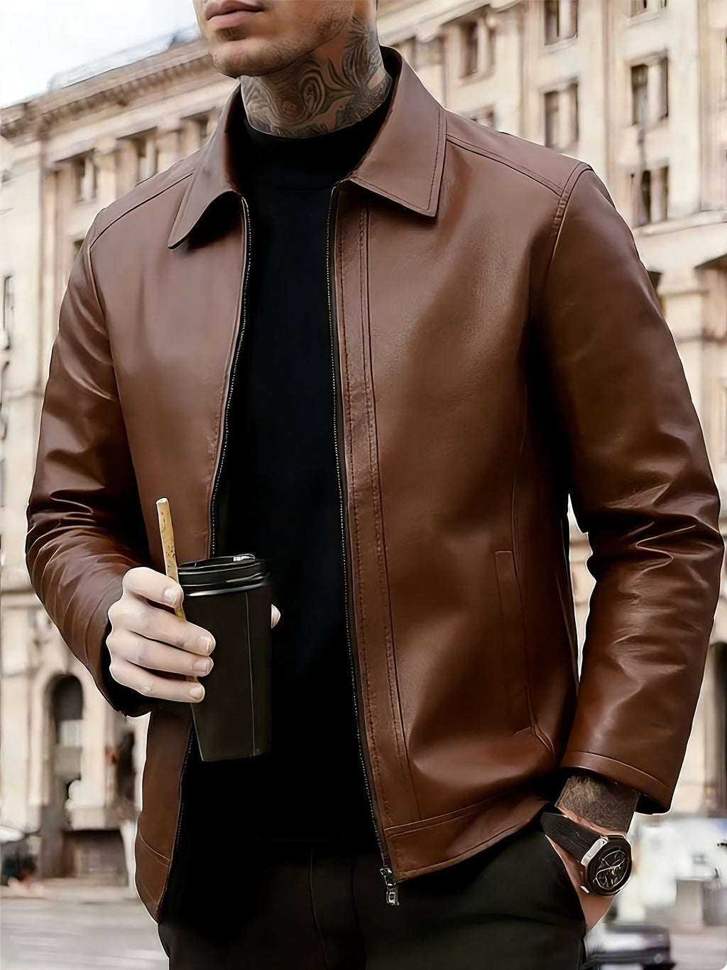 Men's Zip-Up Leather Moto Jacket - Light Brown