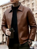Men's Zip-Up Leather Moto Jacket - Light Brown