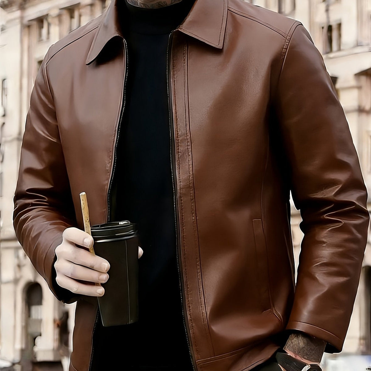 Men's Zip-Up Leather Moto Jacket