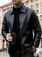 Men's Zip-Up Leather Moto Jacket - Black