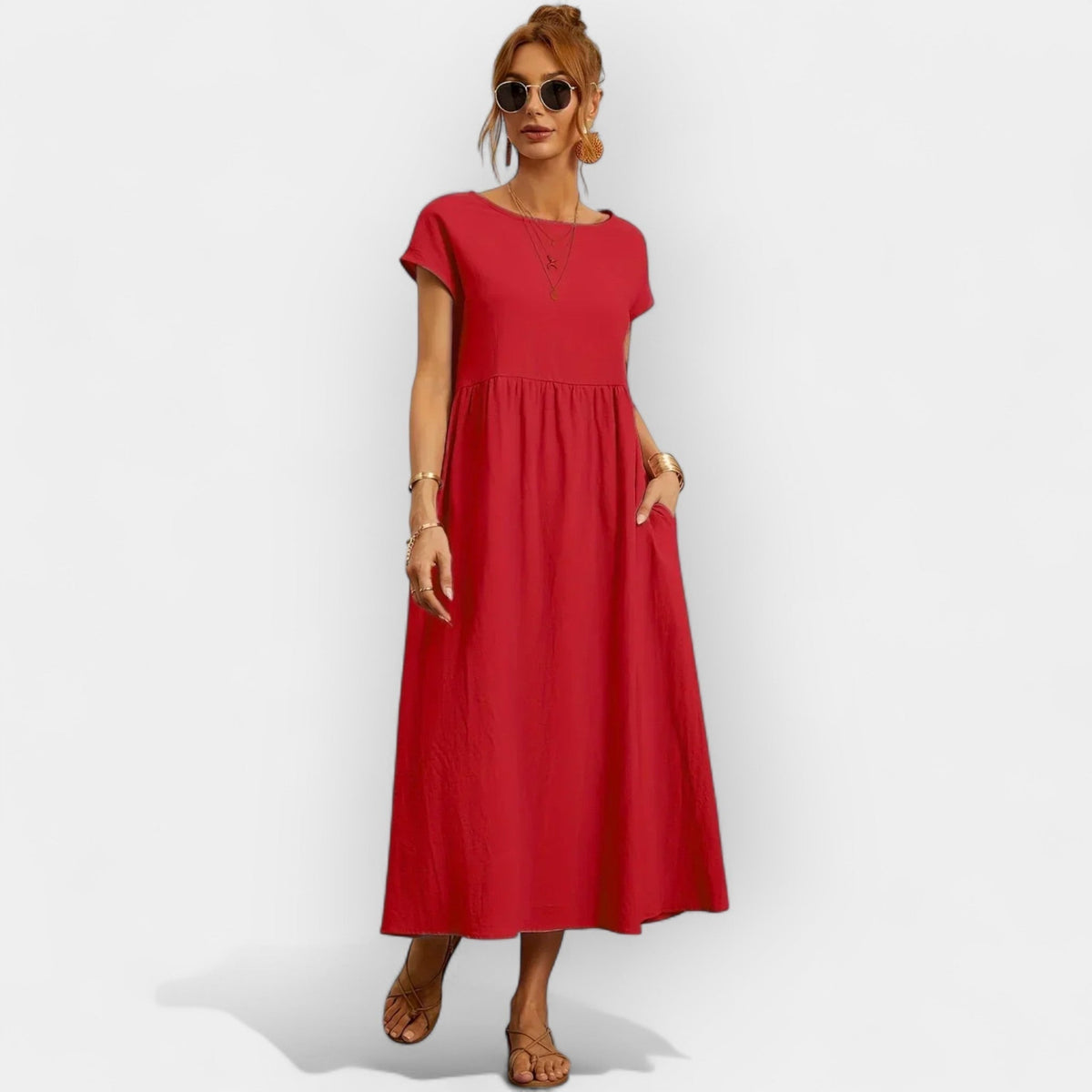 Women's Casual Short Sleeve Midi Dress with Pockets - Red