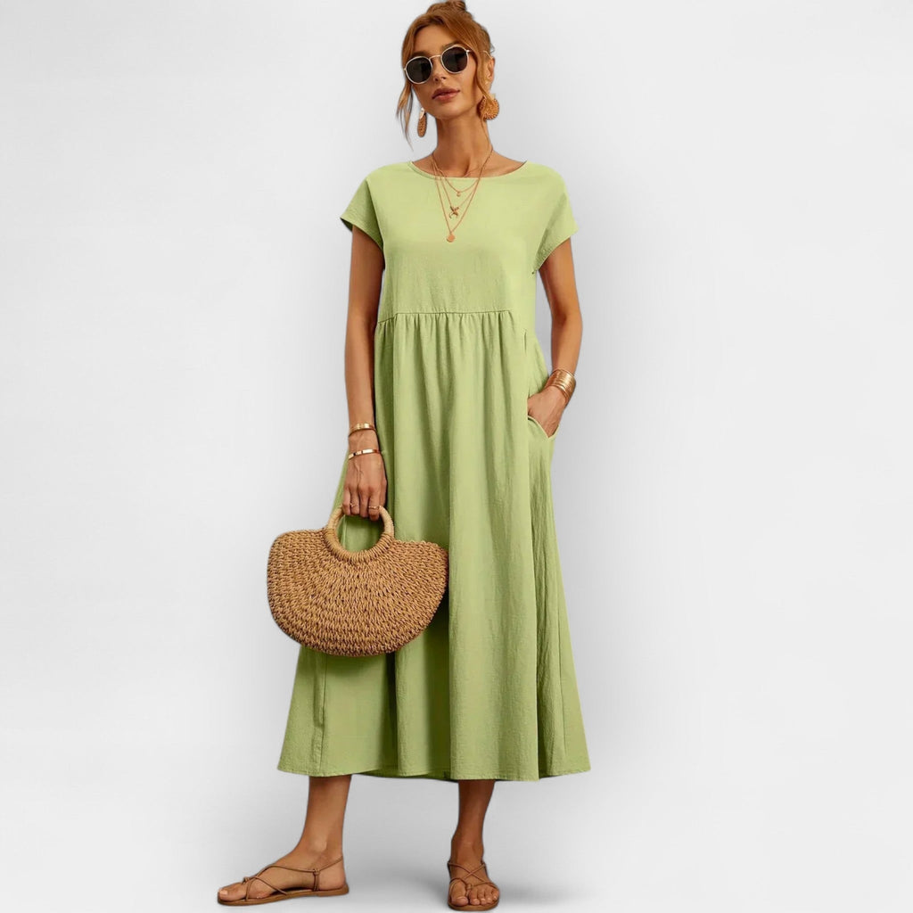 Women's Casual Short Sleeve Midi Dress with Pockets - Light Green