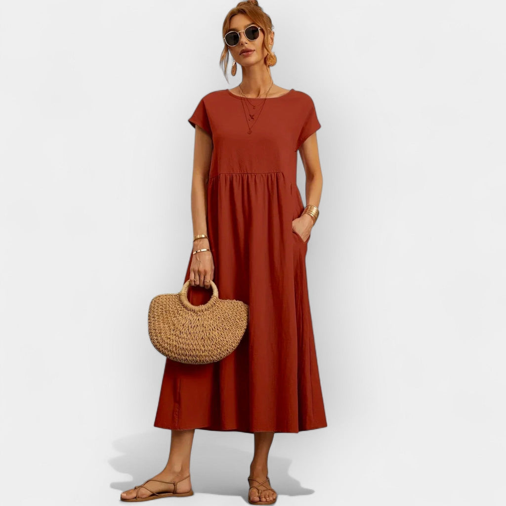 Women's Casual Short Sleeve Midi Dress with Pockets - Terracotta