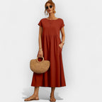 Women's Casual Short Sleeve Midi Dress with Pockets - Terracotta
