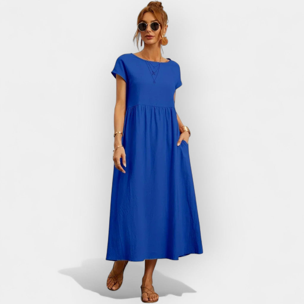 Women's Casual Short Sleeve Midi Dress with Pockets - Blue