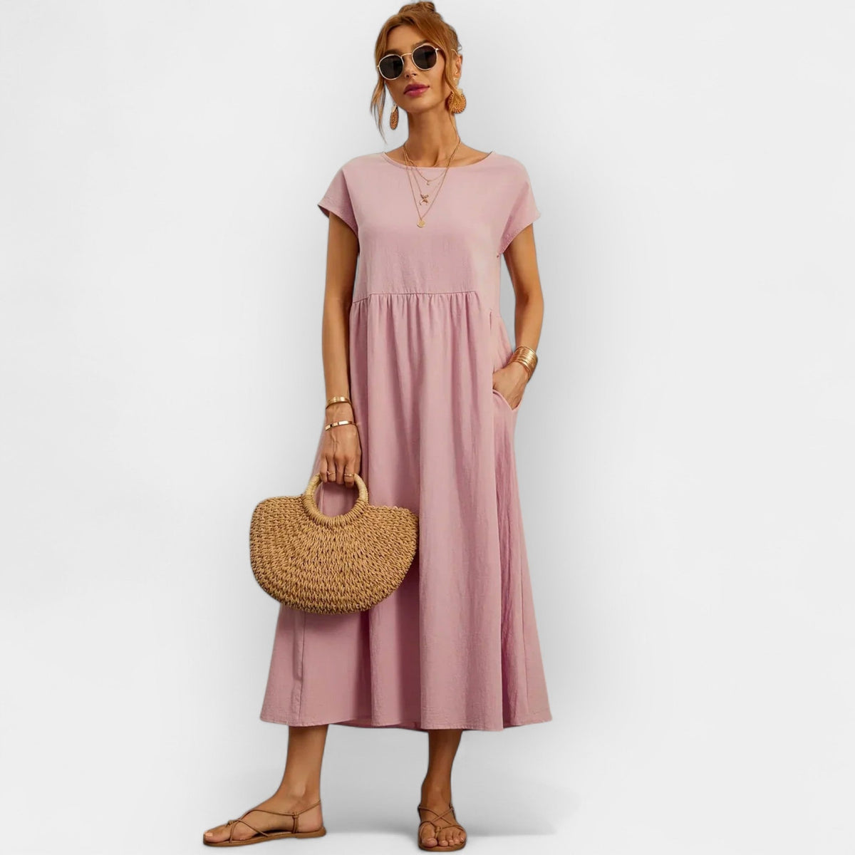 Women's Casual Short Sleeve Midi Dress with Pockets - Pink
