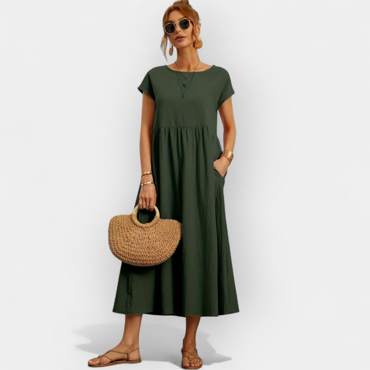 Women's Casual Short Sleeve Midi Dress with Pockets - Green