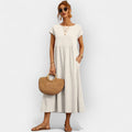 Women's Casual Short Sleeve Midi Dress with Pockets - White