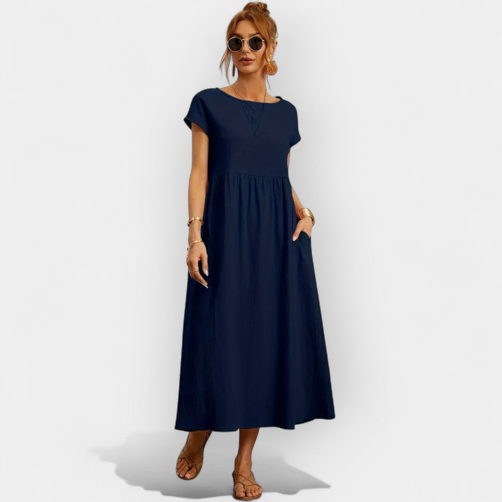 Women's Casual Short Sleeve Midi Dress with Pockets - Navy Blue